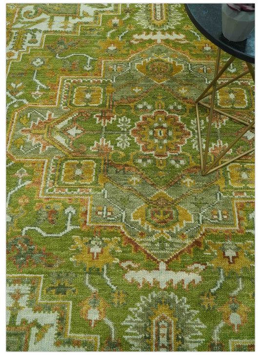 Green, Gold And Silver Hand Knotted Traditional Heriz Wool Rug 8x10 ft Ideal for Living, Bedroom And Dining Rooms