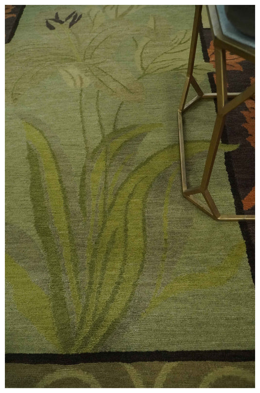 Traditional Leaf Block Print Design Brown, Green, Rust and Olive Handloomed 5x8 ft Bedroom, Living Room Rug Wool Area Rug