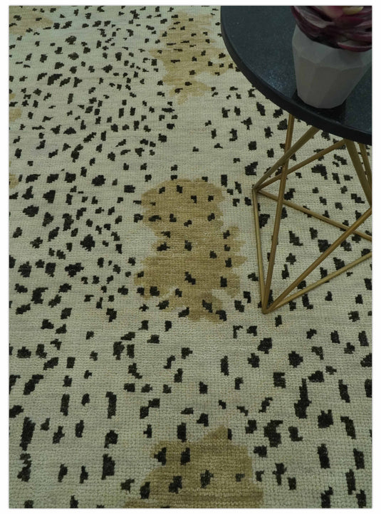 Custom Made Leopard Print Ivory, Olive And Charcoal Hand Knotted Wool Area Rug