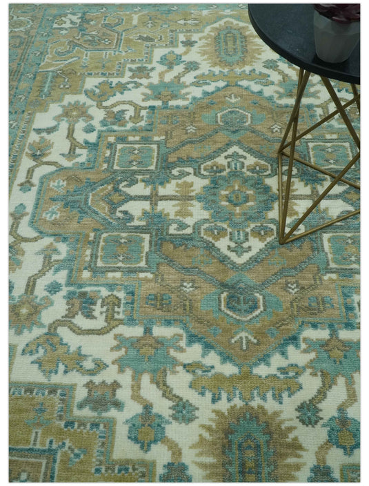 Custom Made Traditional Heriz Beige, Blue And Ivory Hand Knotted Wool Rug Wool Area Rug