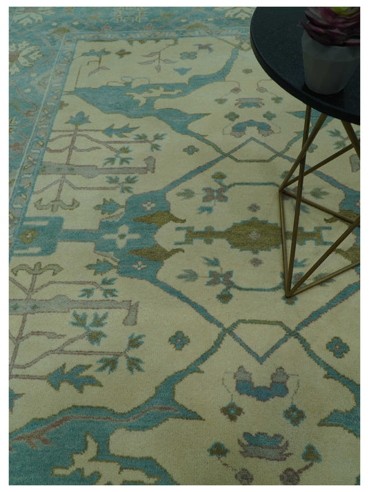 Custom Made Traditional Oushak Ivory, Aqua, And Gray Hand Knotted Wool Area Rug