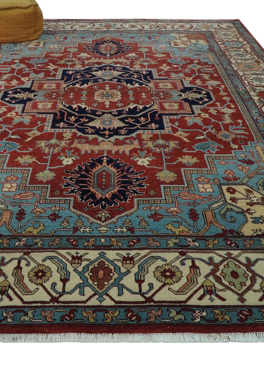 Hand Knotted Aqua, Ivory And Rust Traditional Wool Rug 9x12 ft Ideal for Living, Bedroom And Dining Rooms | CP2472912