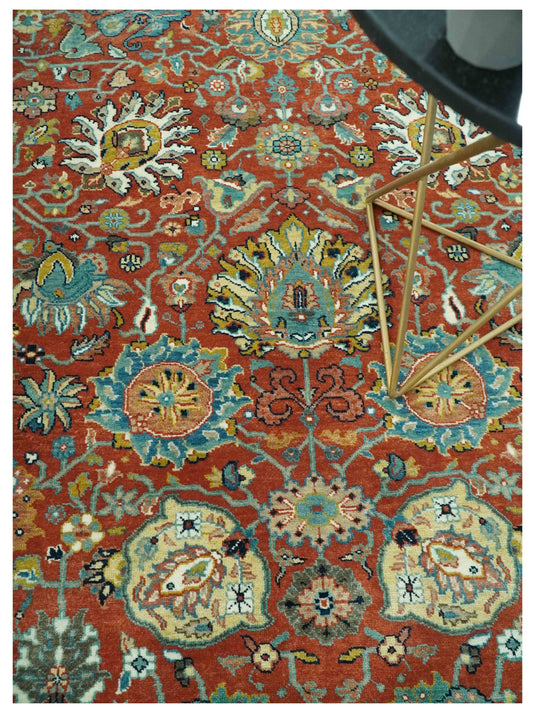 Hand Knotted Traditional Floral Rust, Blue, Black, Olive And Gold Wool Rug 8x10 ft Ideal for Living, Bedroom And Dining Rooms | CP2433810