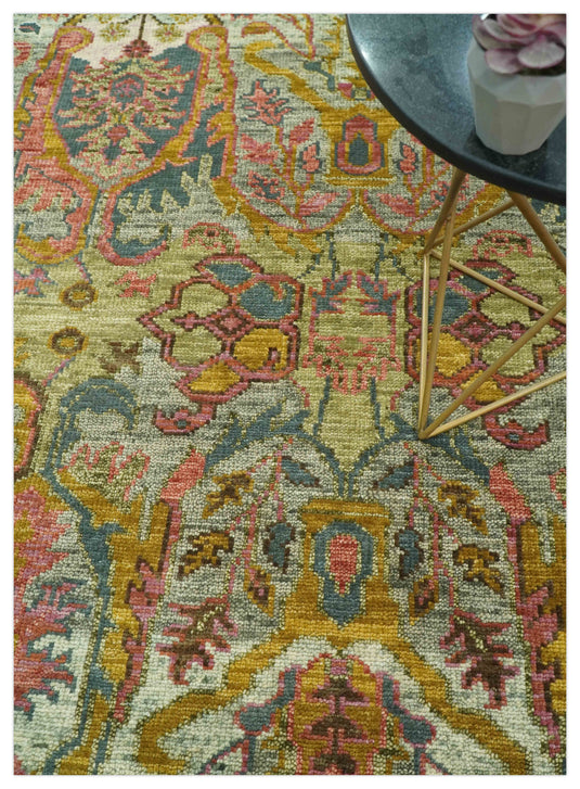 Green, Pink, Gold And Silver Traditional Hand Knotted 8x10 ft Wool Rug Ideal for Living, Bedroom And Dining Rooms