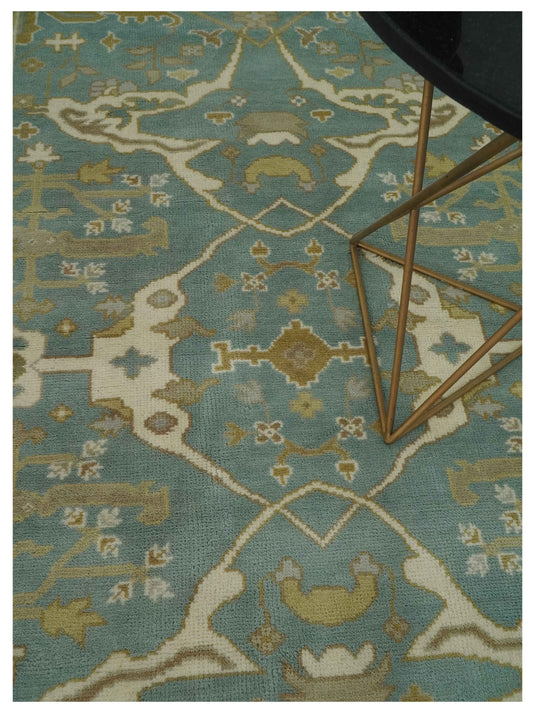 Hand Knotted Classic Oushak Teal, Beige And Ivory Wool Rug 6x9 ft Ideal for Living, Bedroom And Dining Rooms | CP235669