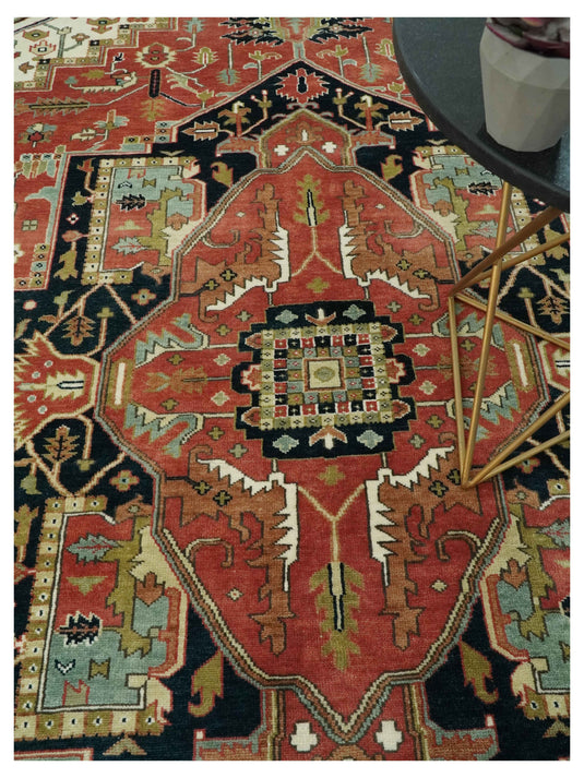 Hand Knotted Traditional Rust, Ivory And Black Wool Rug 9x12 ft Ideal for Living, Bedroom And Dining Rooms | CP1063912