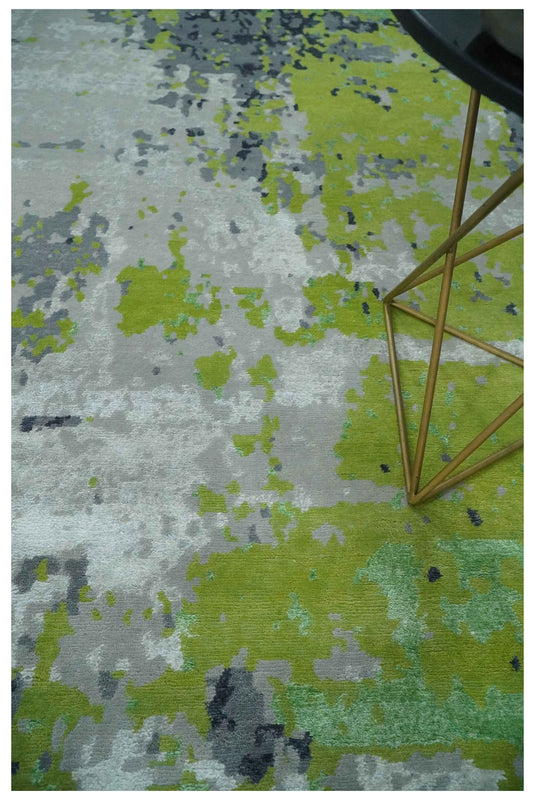 Modern Abstract Green, Ivory, Gray And Charcoal Hand Knotted 8x10 ft Bedroom, Living Room Rug Wool Area Rug