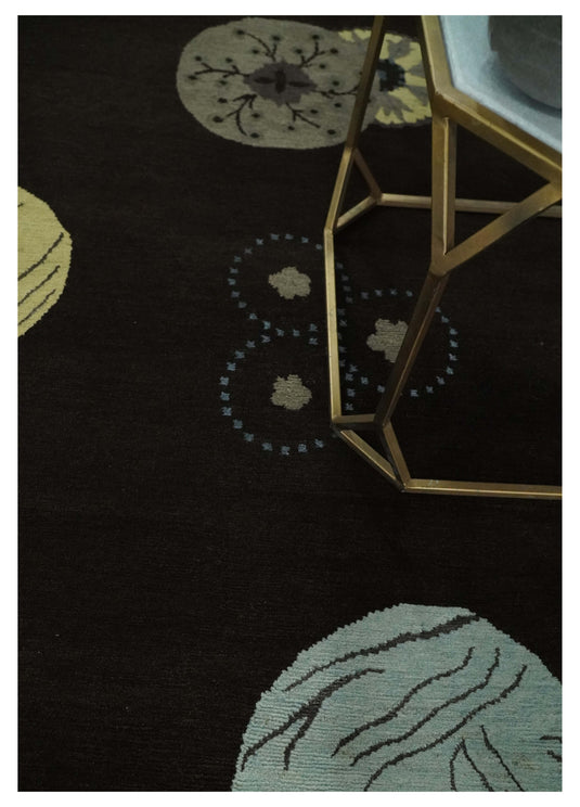 Modern Geometrical Pattern Handloom Dark Brown 5x8 ft Bedroom, Living Room Rug , Wool, Art Silk Area Rug AAOC1058