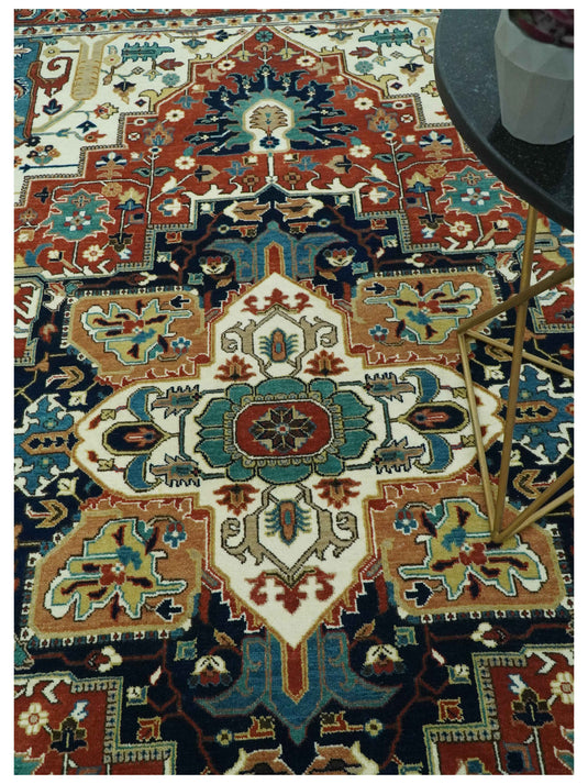 Hand Knotted Traditional Herati Rust, Blue, Teal And Ivory Wool Rug 8x10 ft Ideal for Living, Bedroom And Dining Rooms | CP2457810