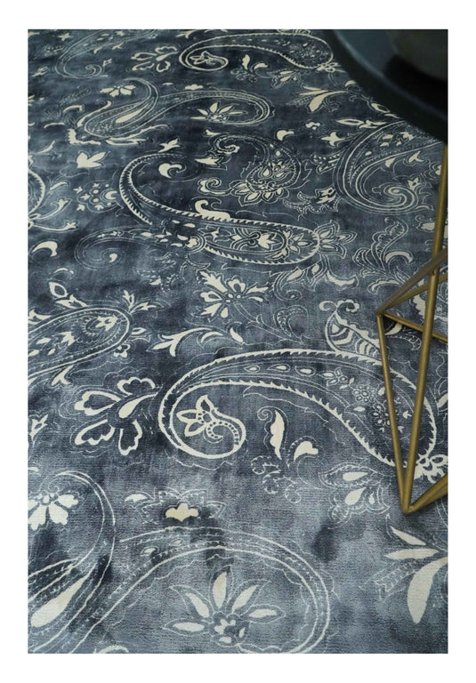 Charcoal, Ivory And Silver Handloom 5.6x8 ft Bedroom, Living Room Rug Wool And Viscose Area Rug