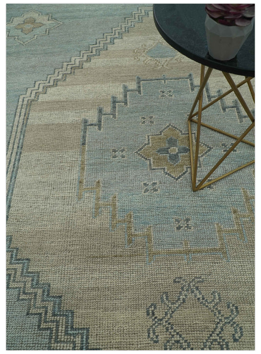 Custom Made Blue and Beige Traditional Turkish Design Hand Knotted Wool Area Rug