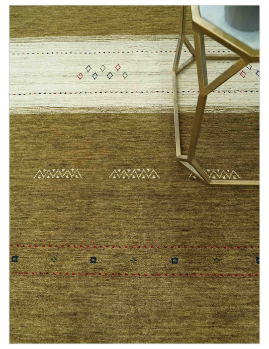 Lori Ivory And Green Handloomed 4.6x6.6 ft Bedroom, Living Room Rug Wool Area Rug