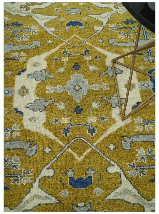 Custom Made Hand Knotted Turkish Oushak Mustard, Blue, Ivory And Gray Wool Area Rug