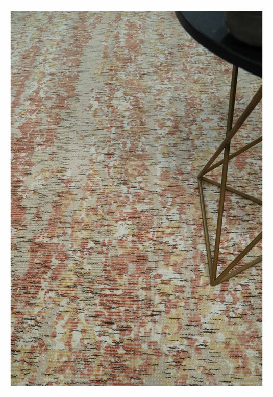 Modern Abstract Peach, Ivory, Gold and Beige Handloom 5x8 ft Bedroom, Living Room Rug Wool And Viscose Area Rug