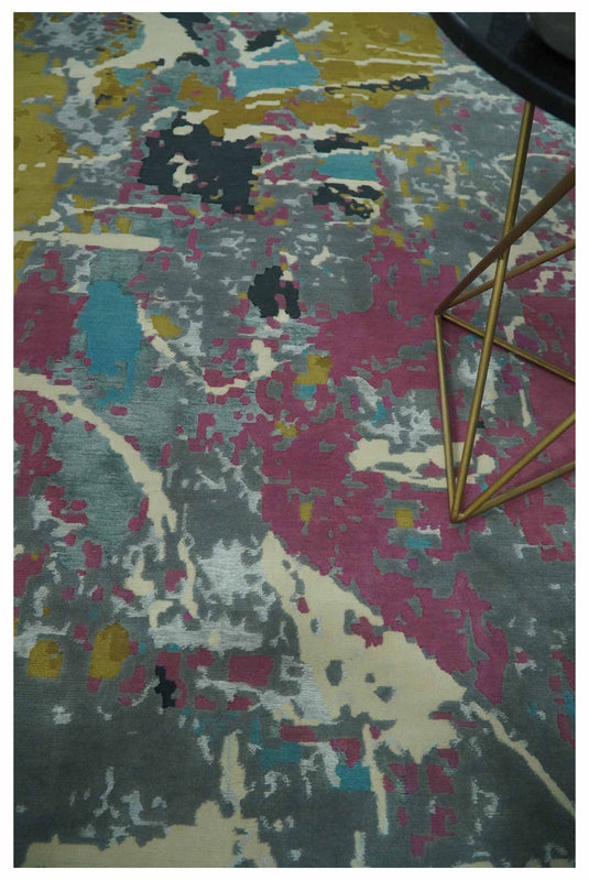 Colorful Abstract Gray, Olive, Ivory and Pink Hand Knotted 10x14 and 12x15 ft Bedroom, Living Room Rug Wool Area Rug