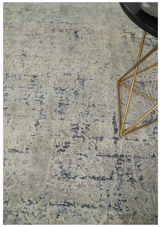 Traditional Floral Silver, Beige And Charcoal Hand Knotted 8x10 ft Bedroom, Living Room Rug Wool And Original Silk Area Rug