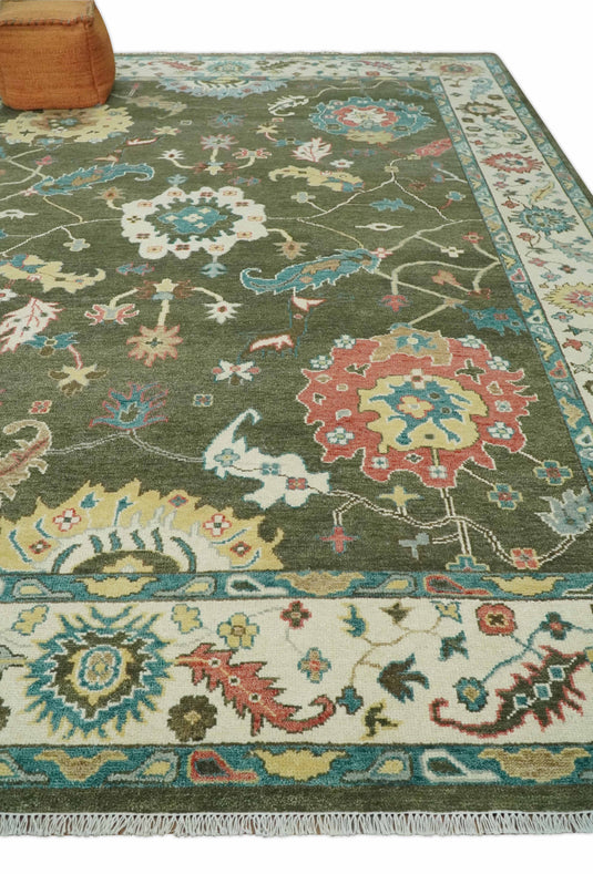 Traditional Oushak Green And Beige Hand Knotted Wool Rug 10x14 ft Ideal for Living, Bedroom And Dining Rooms