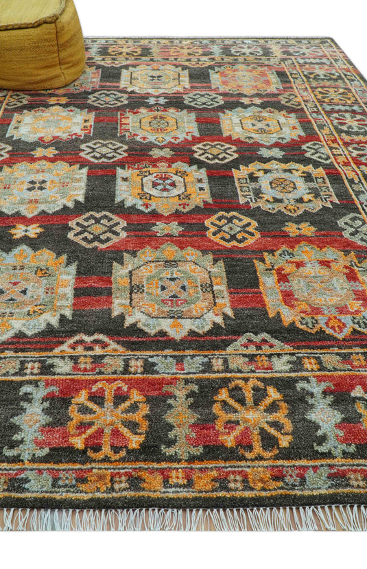 Traditional 8x10 ft Hand Knotted Charcoal And Red Wool Area Rug