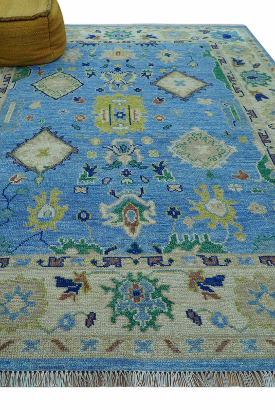 Traditional Turkish Design 8x10 ft Hand Knotted Blue And Ivory Wool Area Rug
