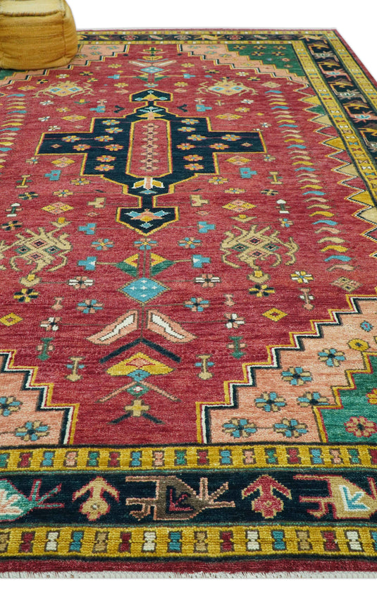 Traditional Heriz Design Red And Green 10x14 Hand Knotted Wool Ideal for Living, Bedroom And Dining Rooms