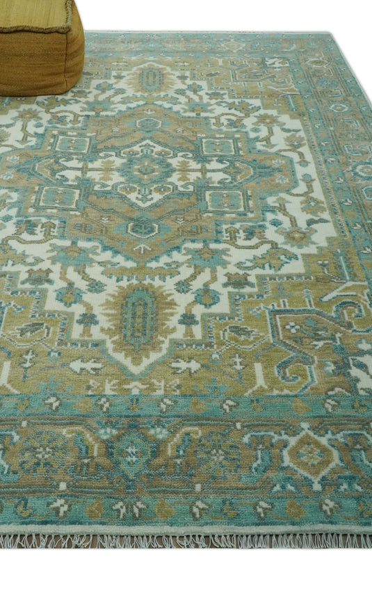 Custom Made Traditional Heriz Beige, Blue And Ivory Hand Knotted Wool Rug Wool Area Rug