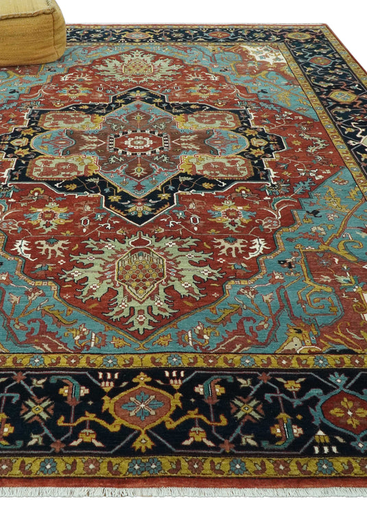 Hand Knotted Traditional Central Medallion Red, Aqua, brown, Black And Olive Wool Rug 9x12 ft Ideal for Living, Bedroom And Dining Rooms | CP986912