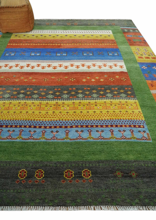Green, Rust and Multicolored Hand knotted 8x10 Tribal Gabbeh Traditional Wool Area Rug