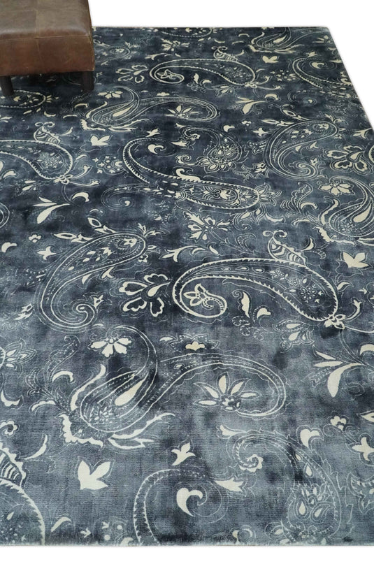 Charcoal, Ivory And Silver Handloom 5.6x8 ft Bedroom, Living Room Rug Wool And Viscose Area Rug