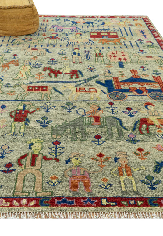 Custom Made Folk Art Green, Beige, Blue And Rust Hand Knotted Wool Area Rug