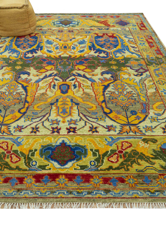 Custom Made Transitional Gold, Green And Blue Hand Knotted Wool Area Rug