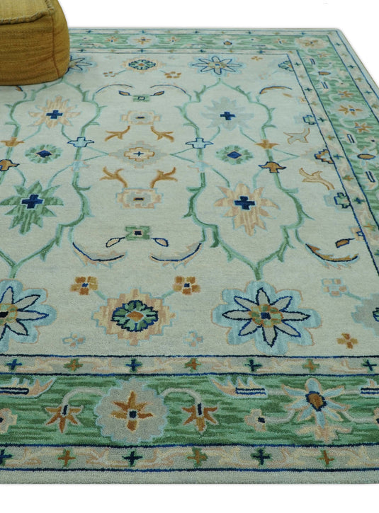 Custom Made Ivory, Green And Blue Floral Motifs Hand Tufted Wool Area Rug