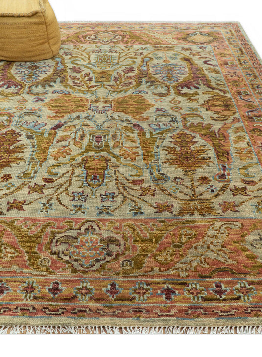 Custom Beige, Peach And Green Transition Hand Knotted Wool Area Rug