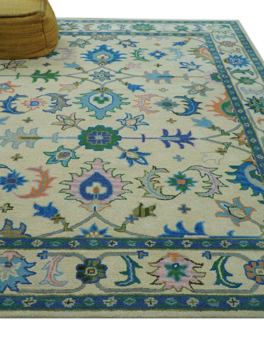 Custom Made Beige And Blue Traditional Floral Motifs Hand Tufted Wool Area Rug