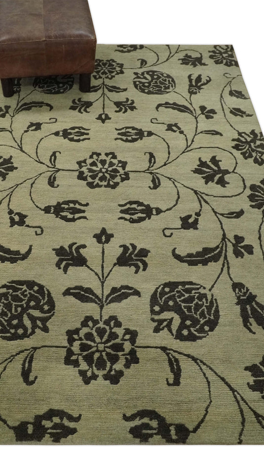 Floral Design Hand Knotted Ivory and Charcoal Color 4x6 ft Bedroom, Living Room Rug Wool and Art Silk Area Rug