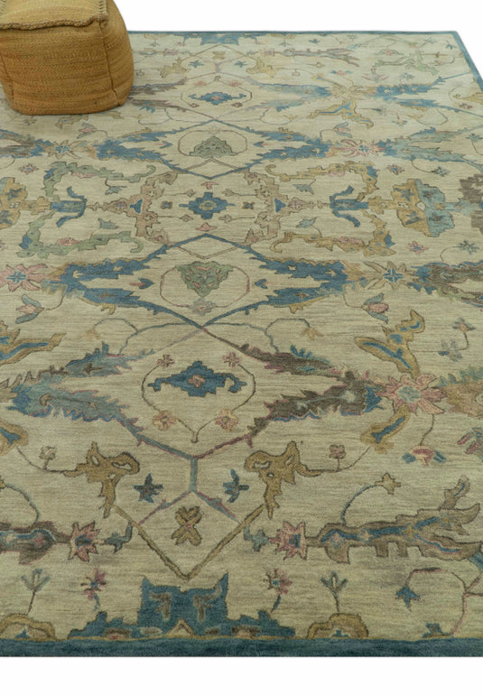 Beige And Blue Traditional Oushak Design Hand Tufted 8x10 ft Bedroom, Living Room Rug Wool Area Rug