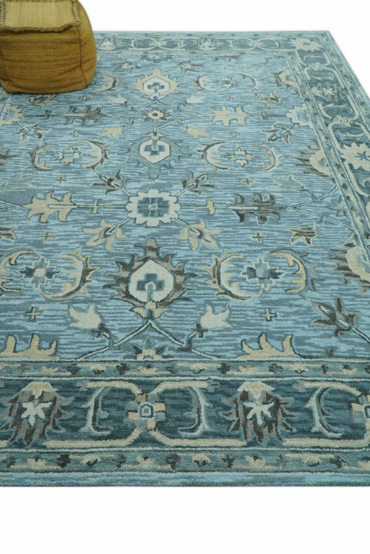 Traditional Floral Aqua, Gray and Beige Hand Tufted 8x10 ft Bedroom, Living Room Rug Wool Area Rug