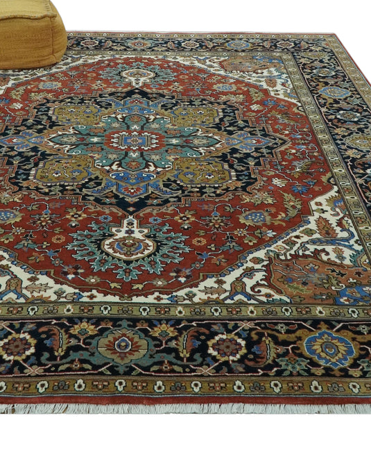Hand Knotted Traditional Antique Herati Rust, Black, Teal And Olive Wool Rug 8x10 ft Ideal for Living, Bedroom And Dining Rooms | CP2454810