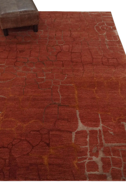 Contemporary Geometrical Pattern Handloom Rust 5x7 ft Bedroom, Living Room Rug , Wool, Art Silk Area Rug AAOC1157