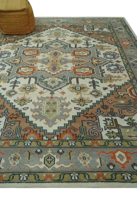 Traditional Medallion Pattern Ivory, Brown, Gray and Olive Hand Knotted 8x10 ft wool Area Rug