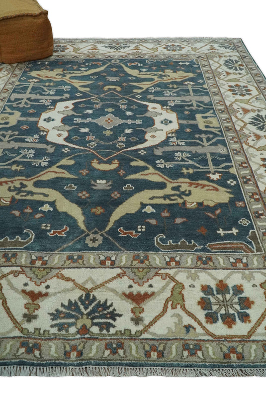 Traditional Oriental Oushak Hand knotted Dark Blue and Beige 8x10 ft Bedroom, Living Room Rug ,wool Area Rug