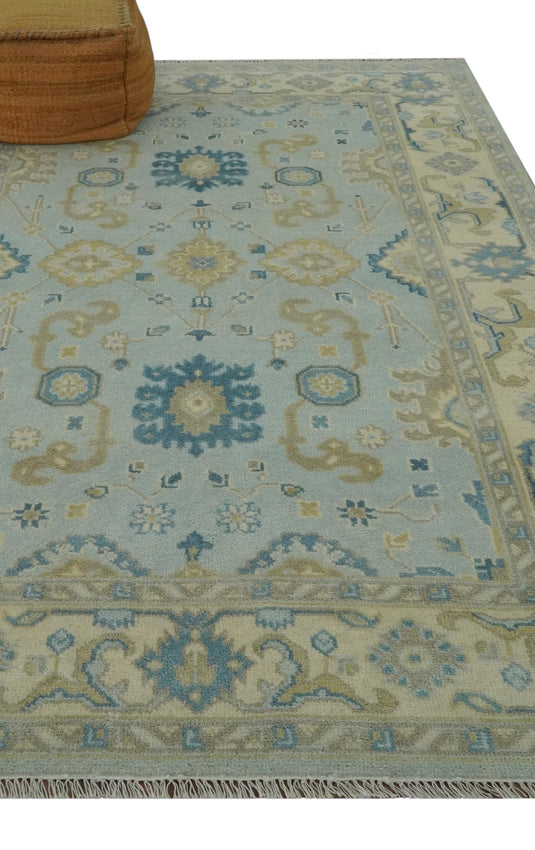 Custom Made Hand Knotted Traditional Pattern Blue And Beige Wool Area Rug