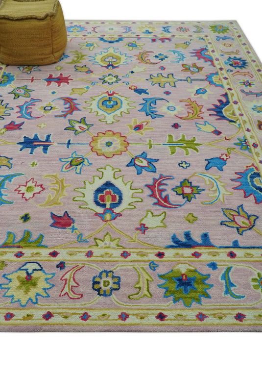 Custom Made Light Pink, Blue And Ivory Traditional Oushak Hand Tufted Wool Area Rug