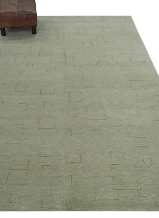 Modern Geometrical pattern Hand Knotted Olive and Gold 5x8 ft Bedroom, Living Room Rug Wool and Art Silk Area Rug