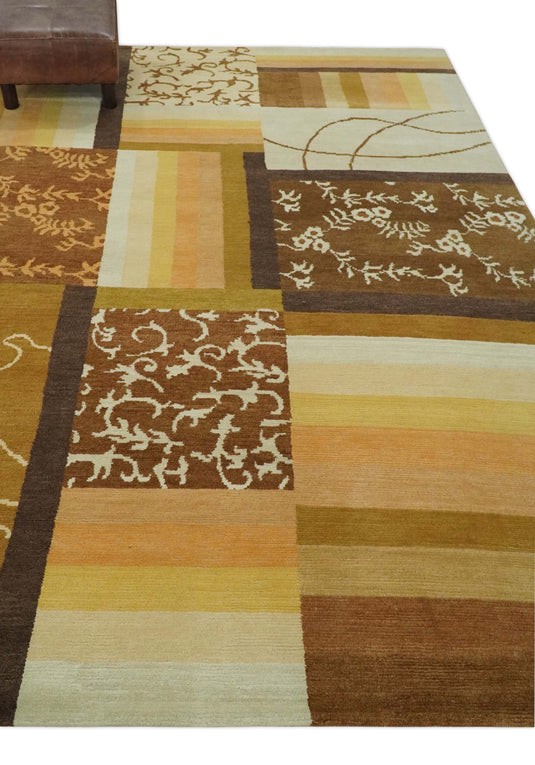 Modern Geometrical Floral pattern Hand Knotted Brown, Beige, Ivory and Olive 6x8 ft Bedroom, Living Room Rug Wool Area Rug