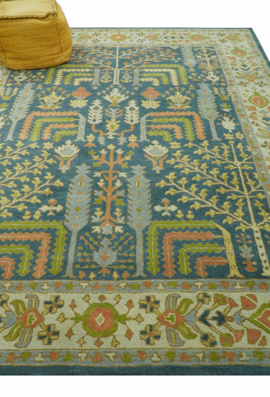 Custom Made Traditional Tree of Life Teal And Beige Hand Tufted Wool Area Rug