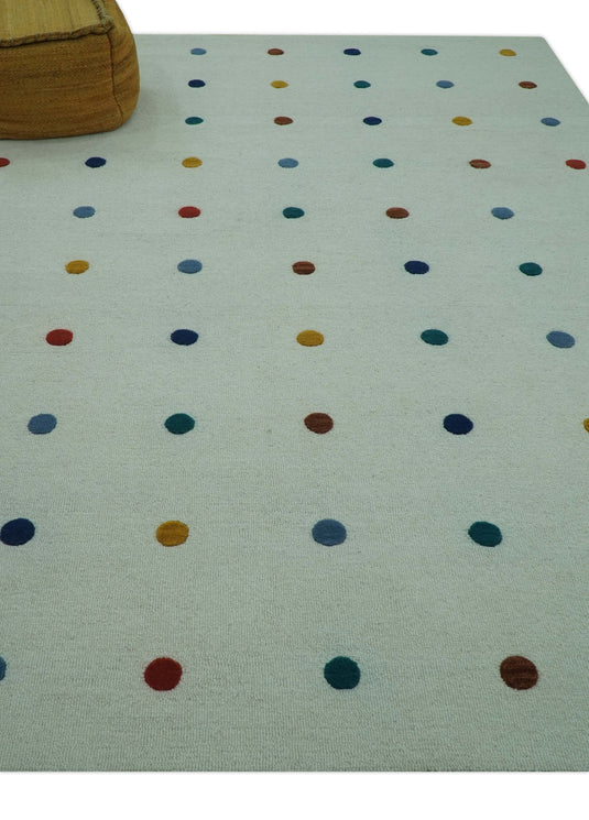 Custom Made Modern Dots White, Gray, Blue, Yellow And Rust Hand Tufted Bedroom, Living Room Rug Wool Area Rug