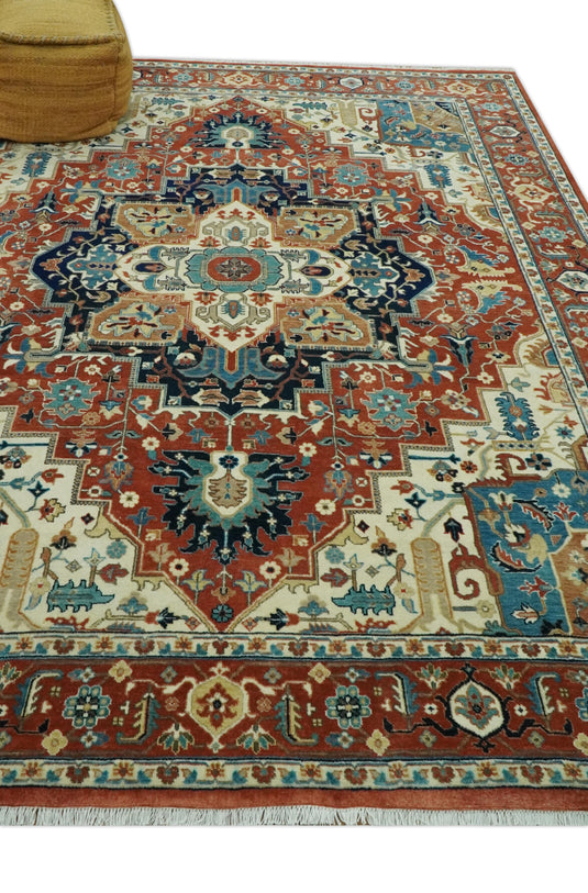 Hand Knotted Rust, Ivory And Teal Traditional Heriz Wool Rug 8x10 ft Ideal for Living, Bedroom And Dining Rooms