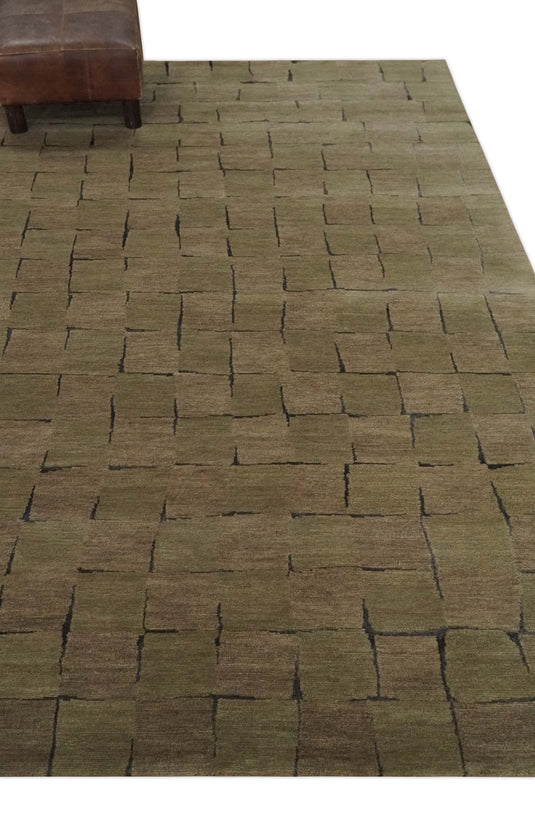 Modern geometrical Hand Knotted Brown, Olive and Charcoal 5x8 ft Bedroom, Living Room Rug Wool and Art Silk Area Rug