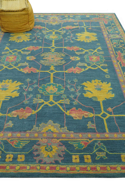 Custom Made Traditional Oushak Blue And Yellow Hand Tufted Wool Area Rug
