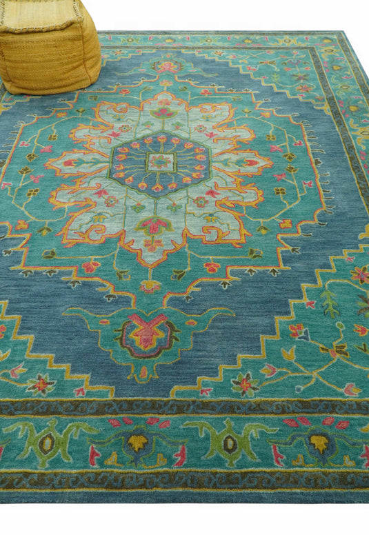 Custom Made Traditional Floral And Botanical Pattern Green, Blue And Yellow Hand Tufted Wool Area Rug